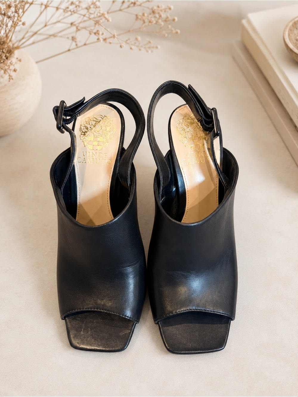 Vince Camuto Black Leather Slingback Heels | Square Toe | Peep Toe Size 6.5